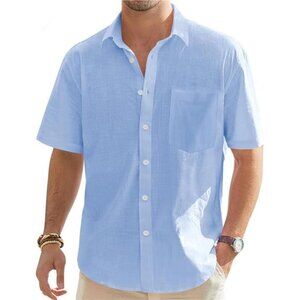 Men's Light Blue Cotton Linen Short Sleeve‎ Casual Lightweight Button Down Shirt